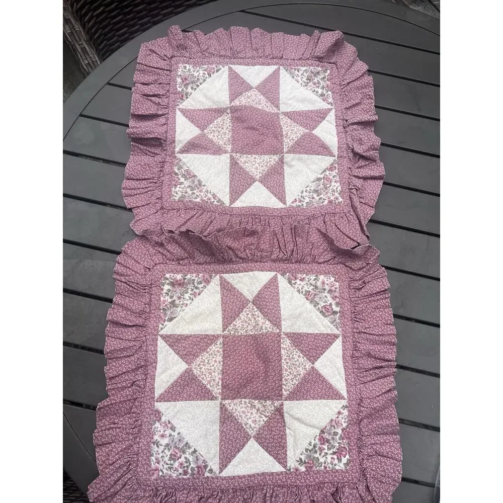 Pair 14x14” Quilt Throw Pillow Covers Shams Pink White Quilted Star Hook & Loop